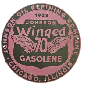 231. Vintage 1933 Johnson Oil Winged 70 Gasolene Porcelain Sign - Chicago, Illinois