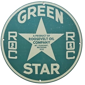 241. Vintage 1935 Green Star Porcelain Sign - Roosevelt Oil Company, Mt. Pleasant, MI