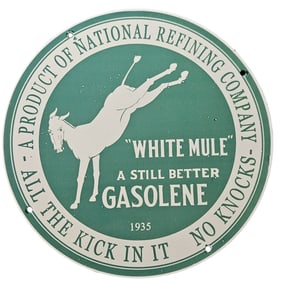 242. Vintage 1935 White Mule Gasoline Porcelain Sign - National Refining Company
