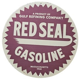 243. Vintage 1930 Red Seal Gasoline Porcelain Sign - Gulf Refining Company Collectible