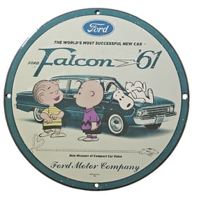244. Collectible 1961 Ford Falcon Porcelain Sign Featuring Peanuts Characters