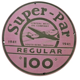 250. Vintage Porcelain Sign: Super-Par Regular 100 - Central West Oil Company, 1941