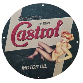 256. Vintage Castrol Motor Oil Porcelain Sign - Classic Pin-Up Design - 20th Century Advertising