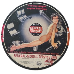 268. Vintage Federal-Mogul Porcelain Sign Featuring Engine Bearings & Iconic Pin-Up Art
