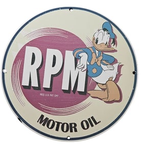 272. Vintage RPM Motor Oil Porcelain Sign Featuring Donald Duck - Collectible Display