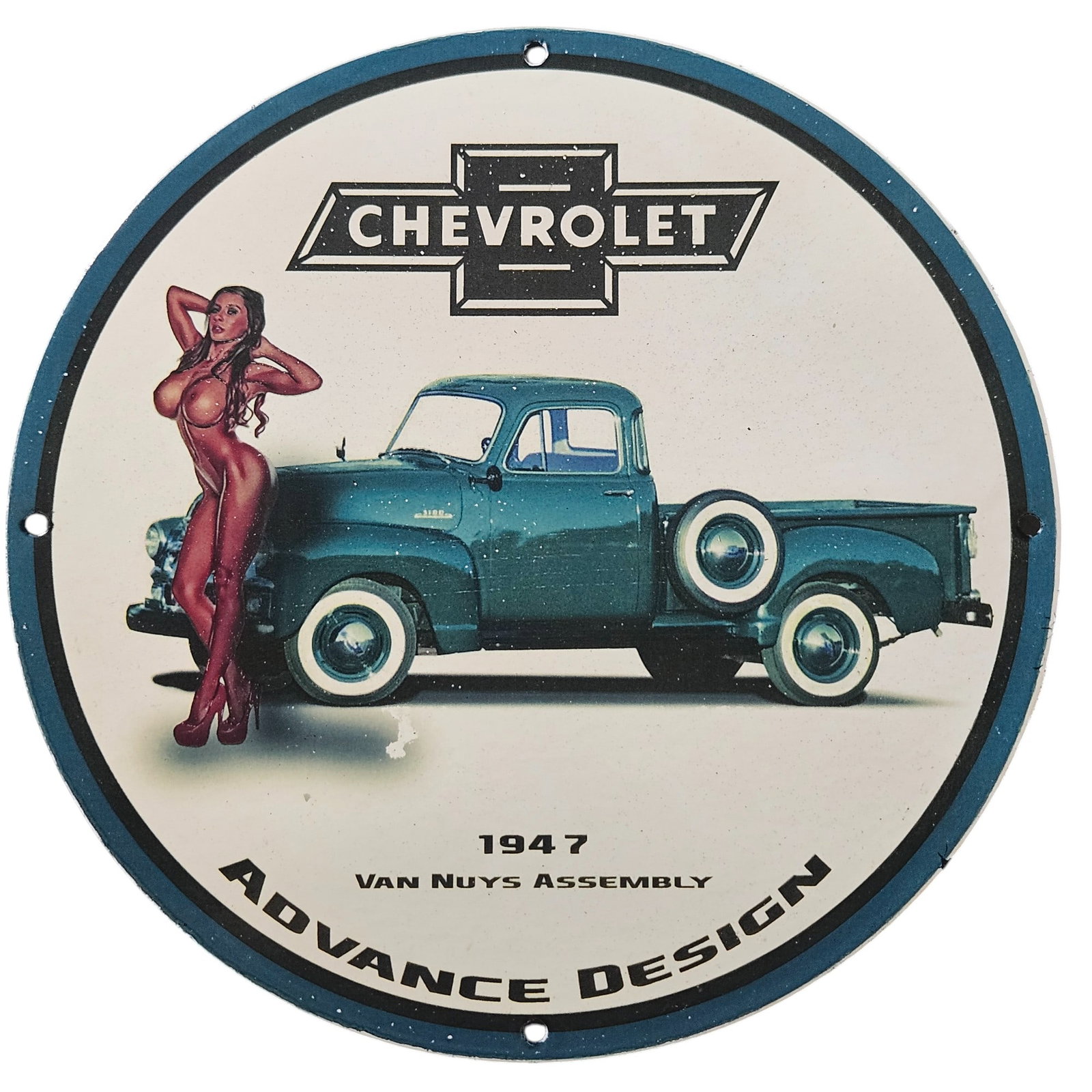 275. Vintage 1947 Chevrolet Porcelain Sign | Classic Automotive Decor with Iconic Design: This stunning vintage porcelain sign captures the essence of automotive nostalgia with a captivating blend of stunning art and classic design. Featuring the iconic 1947 Chevrolet truck, this sign is a