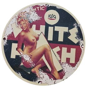 278. Vintage 1939 Porcelain Sign Featuring Classic Pin-Up Art: White Fish Advertising