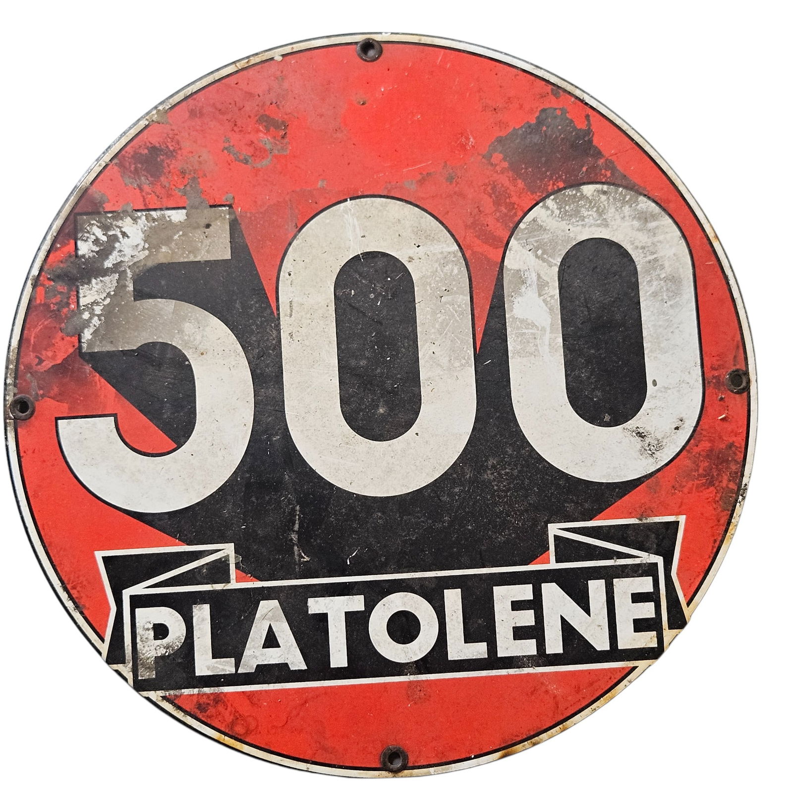 280. Vintage Porcelain Sign for Platolene 500 - Classic Gas Station Memorabilia: Discover this remarkable vintage porcelain sign featuring the iconic '500 Platolene' logo, an essential piece of gas station history and a collectible gem for enthusiasts. This round sign, showcasing
