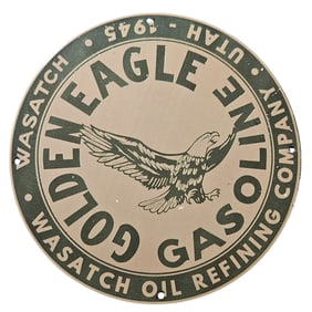 286. Vintage Golden Eagle Gasoline Porcelain Sign - Wasatch Oil Refining Company 1945