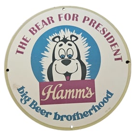 289. Vintage Hamm's Beer Porcelain Sign: The Bear for President - Rare Collectible
