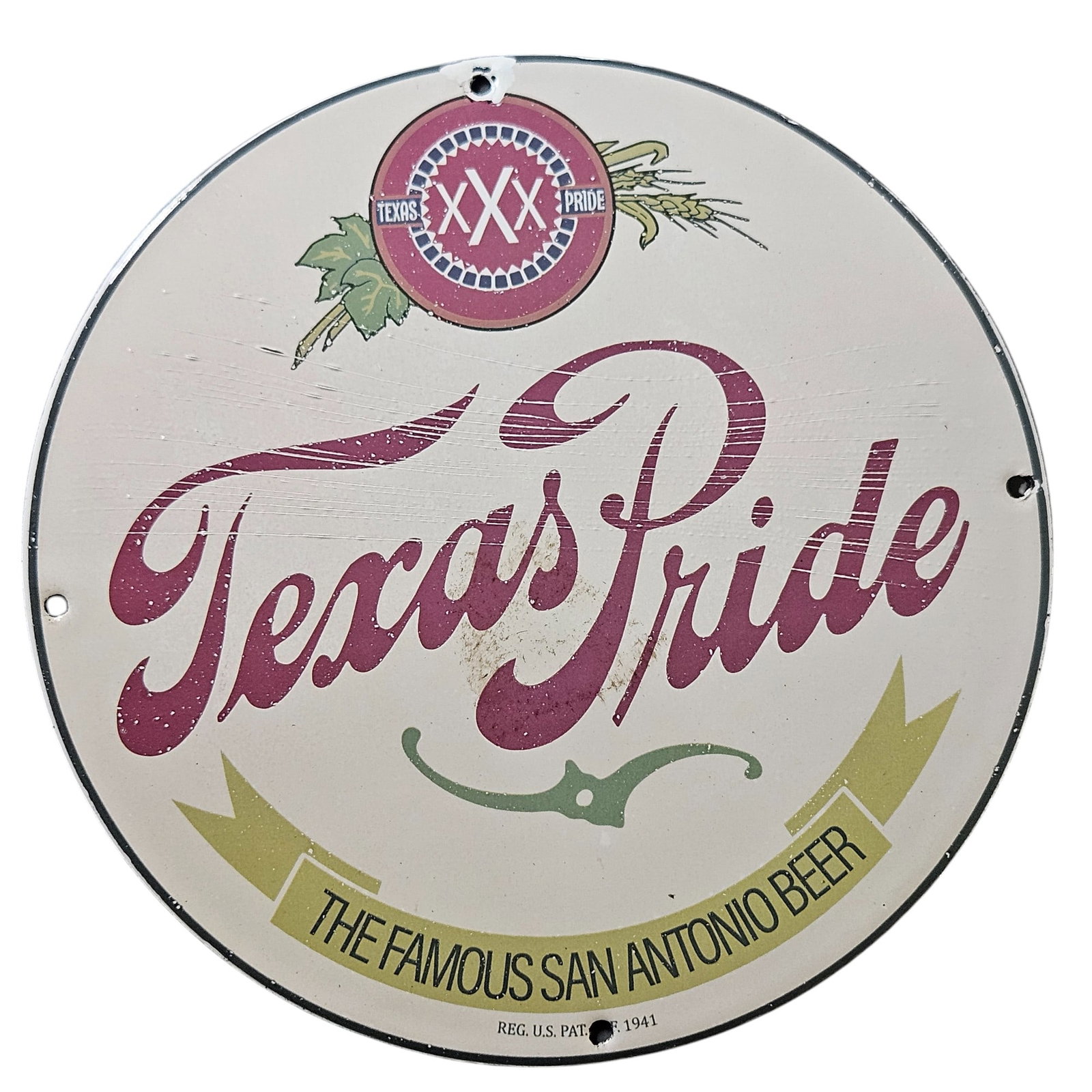 290. Vintage Texas Pride Porcelain Sign - The Famous San Antonio Beer (Circa 1941): Discover a piece of Texan history with this stunning vintage porcelain sign for Texas Pride Beer, a specialty brew from the iconic San Antonio, Texas. Crafted around 1941, this sign captures the essen