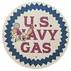291. Vintage U.S. Navy Gas Porcelain Sign Featuring Iconic Sailor Character