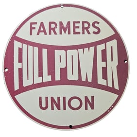 294. Vintage Farmers Union Full Power Porcelain Sign - Unique Collectible for Agri-enthusiasts