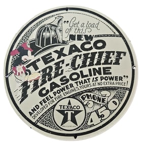 299. Vintage Texaco Fire-Chief Gasoline Porcelain Sign Featuring Iconic Mickey Mouse