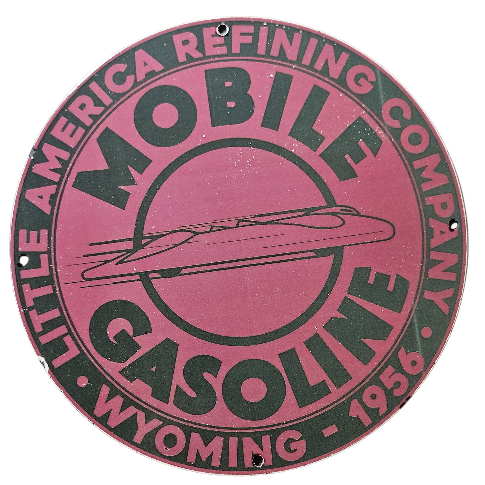 300. Vintage 1956 Mobile Gasoline Porcelain Sign - Little America Refining Company, Wyoming: This stunning porcelain sign, a true vintage collectible from 1956, features the iconic Mobile Gasoline branding associated with the Little America Refining Company in Wyoming. Measuring a generous di