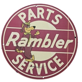 301. Vintage Rambler Parts Service Porcelain Sign with Mascot - Collectible Auto Memorabilia