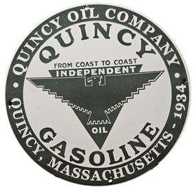 302. Vintage 1934 Quincy Oil Company Porcelain Sign - Gasoline Advertising Memorabilia