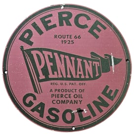 303. Vintage 1925 Pierce Pennant Gasoline Porcelain Sign Route 66 Collectible