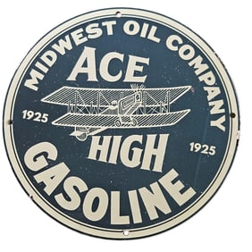305. Vintage Midwest Oil Company 'Ace High Gasoline' Porcelain Sign - 1925 Aviation Nostalgia