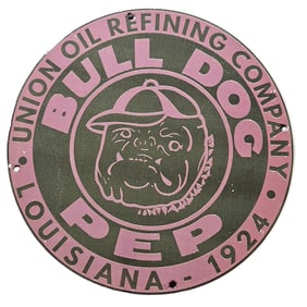306. Vintage 1924 BULL DOG Oil Sign - Union Oil Refining Company, Louisiana - Collectible Porcelain