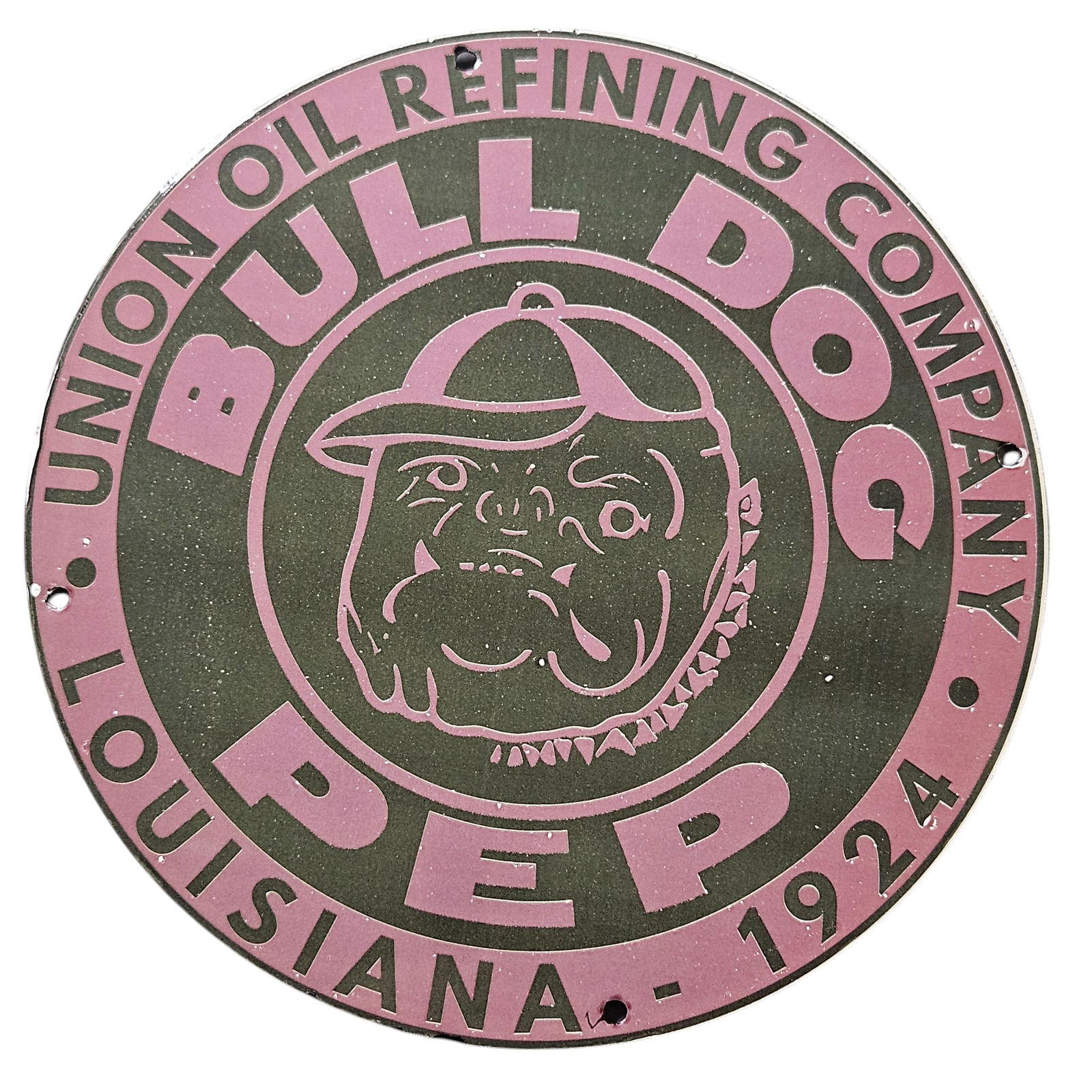 306. Vintage 1924 BULL DOG Oil Sign - Union Oil Refining Company, Louisiana - Collectible Porcelain (1 of 2)