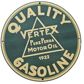 308. Vintage 1923 Vertex Quality Gasoline Porcelain Sign - Collectible Motor Oil Advertising