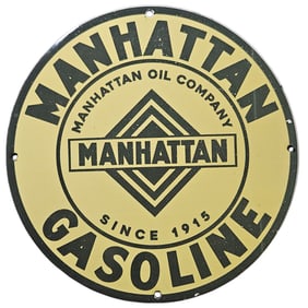 309. Vintage Manhattan Gasoline Porcelain Sign - Authentic Collectible from 1915