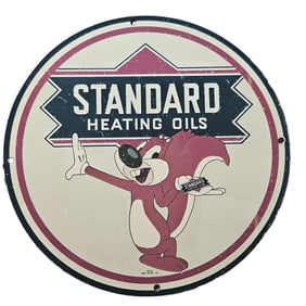 314. Vintage Standard Heating Oils Porcelain Sign Featuring Adorable Cartoon Character
