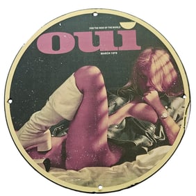 327. Vintage 1975 Oui Magazine Porcelain Sign - Iconic Art for Collectors and Enthusiasts