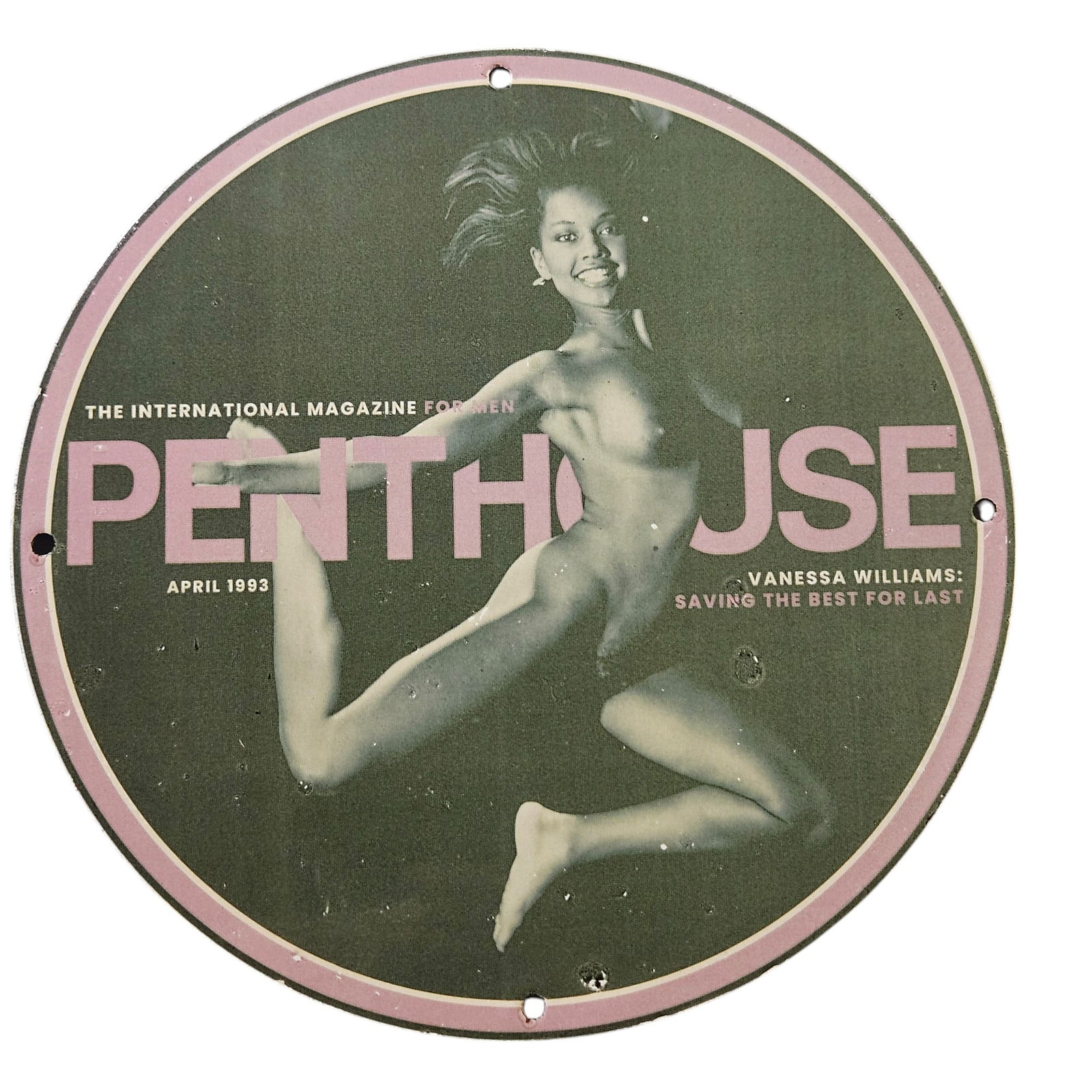 333. Vintage 1993 Penthouse Magazine Porcelain Sign Featuring Vanessa Williams: Step back into the world of adult entertainment memorabilia with this stunning vintage porcelain sign from Penthouse magazine, dated April 1993. This unique collectible showcases the iconic image of V