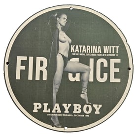 341. Vintage Katarina Witt Porcelain Sign: 'FIR & ICE' Playboy December 1998 Artwork