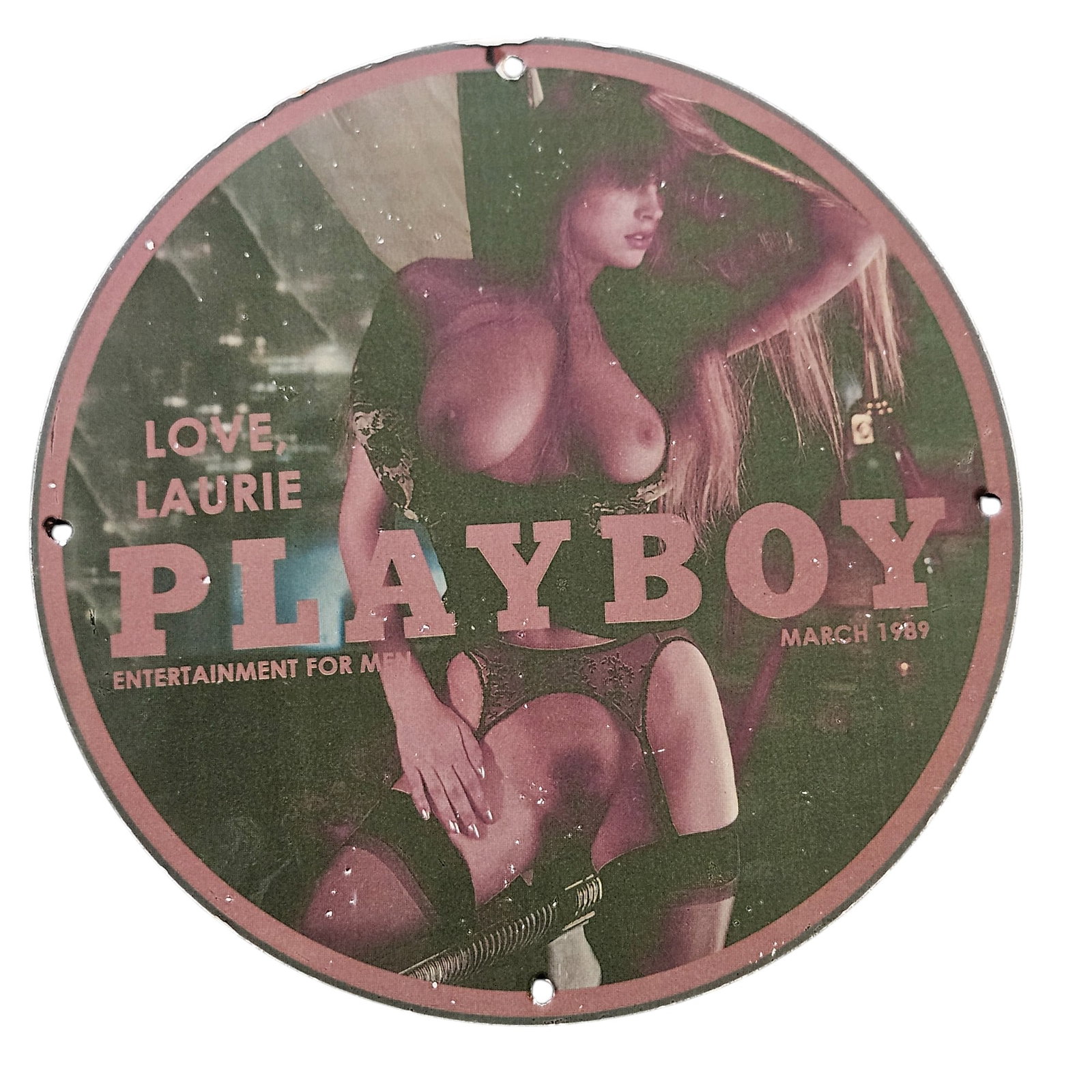 342. Vintage Playboy Porcelain Sign - March 1989 - Collectible Decor for Nostalgia and Art Lovers: Discover an exquisite piece of adult entertainment history with this vintage Playboy porcelain sign from March 1989. Perfect for collectors, nostalgia enthusiasts, or as a statement piece in your home
