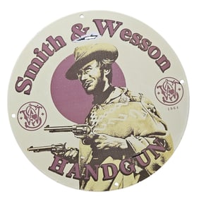 345. Vintage Porcelain Sign: 'Smile & Wesson' - Unique Collectible from the Wild West Era