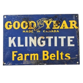 Vintage Good Year Klingtite Farm Belts Porcelain Sign - Made in Canada