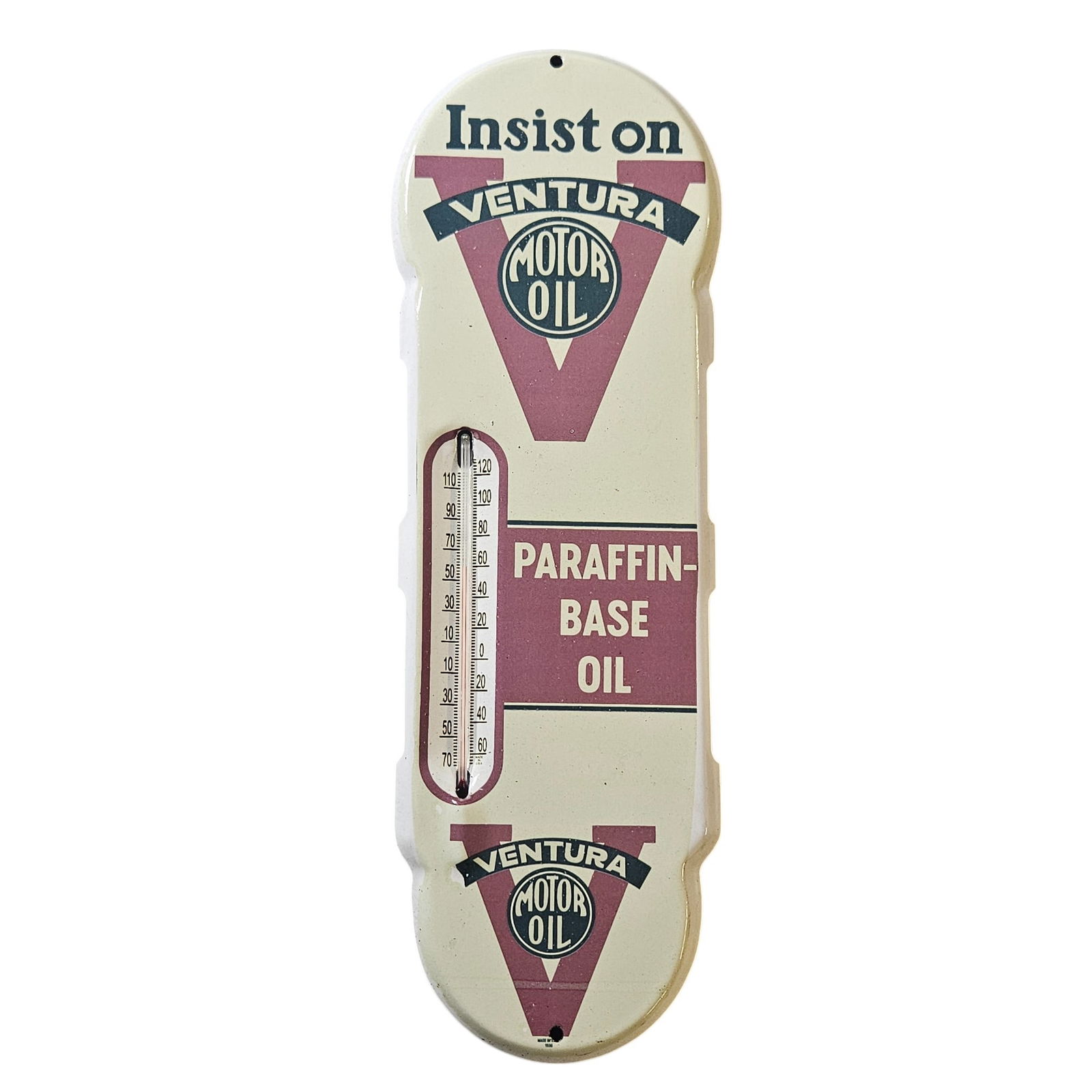Vintage Ventura Motor Oil Porcelain Sign with Thermometer - Paraffin-Base Oil  approx. 18" by  6.5" (1 of 2)
