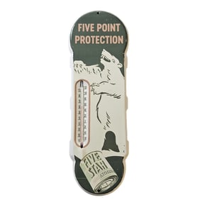 Vintage Porcelain Sign: Five Point Protection Thermometer with Bear Design approx. 18" by 6.5"