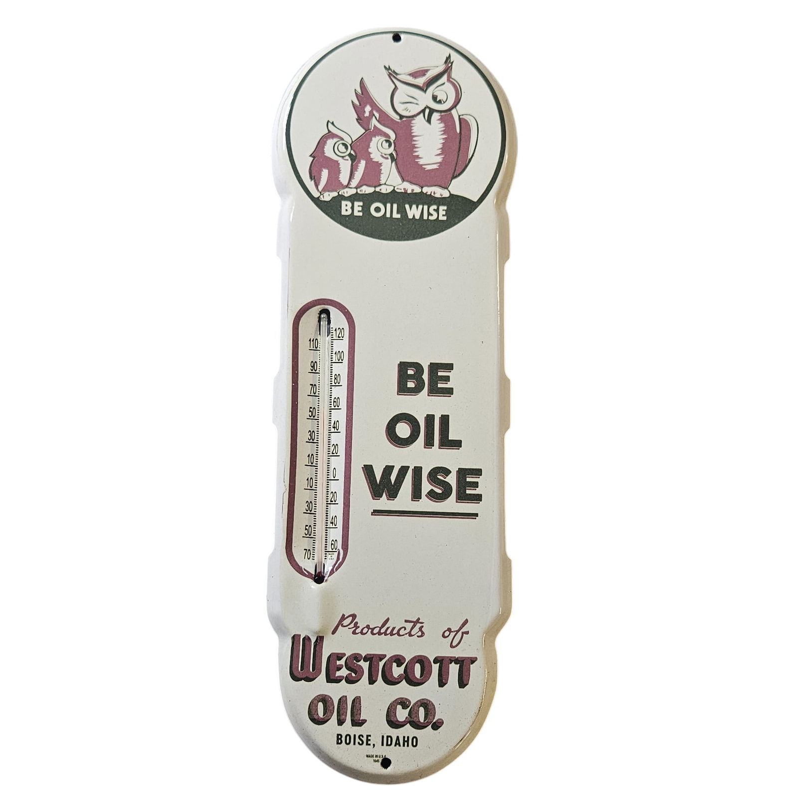 Vintage Westcott Oil Co. Porcelain Thermometer Sign - Be Oil Wise, Boise, Idaho approx. 18" by 6.5" (1 of 2)