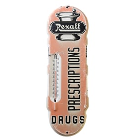 Vintage Rexall Prescription Porcelain Sign with Thermometer Unique Drug Store approx. 18" by 6.5"