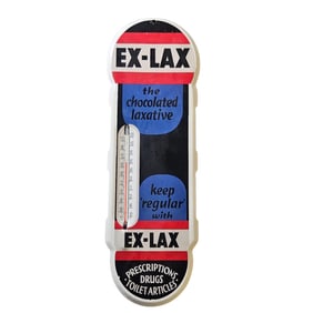 Vintage Ex-Lax Porcelain Sign: The Chocolated Laxative Thermometer Display approx. 18" by 6.5"