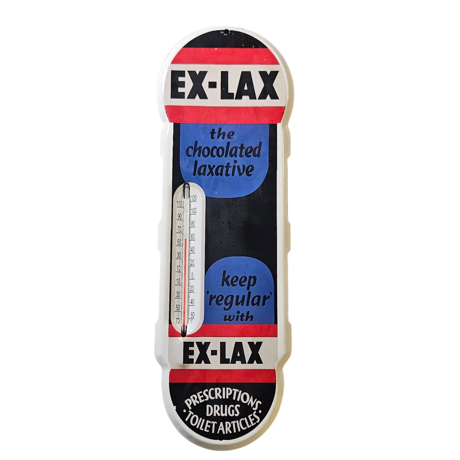 Vintage Ex-Lax Porcelain Sign: The Chocolated Laxative Thermometer Display approx. 18" by 6.5" (1 of 2)