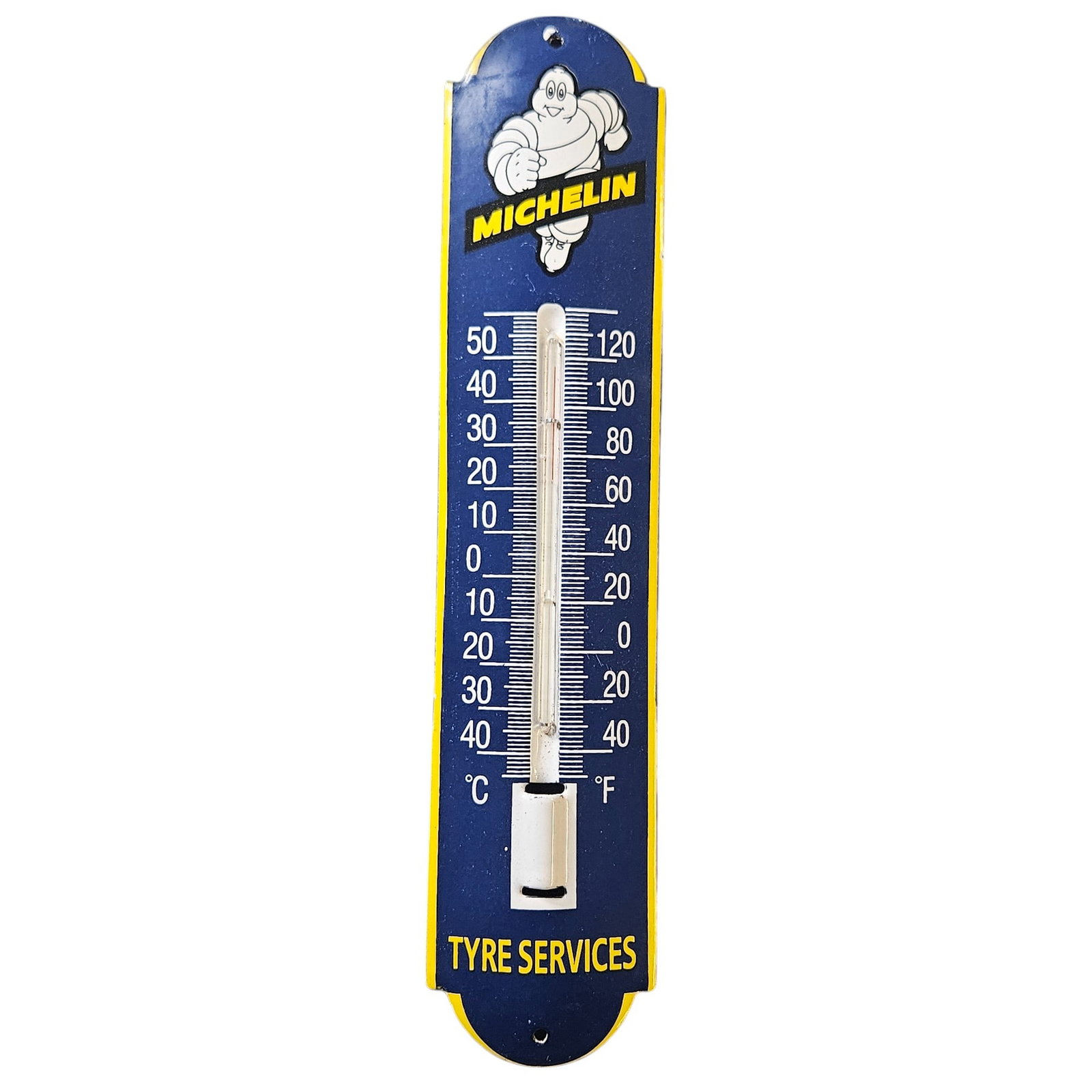 Vintage Michelin Porcelain Thermometer Sign ? Tyre Services ? Collectible Memorabilia: This exquisite vintage porcelain thermometer sign, prominently featuring the iconic Michelin Man, is a must-have for collectors and enthusiasts of automotive memorabilia. The sign showcases a striking