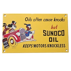 Vintage Sunoco Oil Porcelain Sign with Classic Cartoon Characters - 1930s Advertising