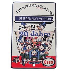 Vintage Esso Porcelain Sign featuring Disney Characters - 20 Jahre Performance Motoring