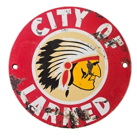 Vintage City of Larned Porcelain Sign - Americana Collectible with Native American Chief Design