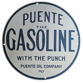Antique Puente Gasoline Porcelain Sign - Vintage Oil Advertising - 1923