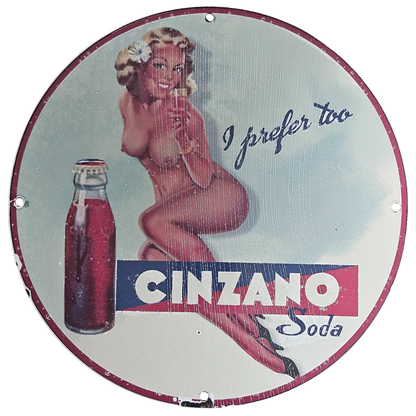 Vintage Cinzano Soda Porcelain Sign Featuring Iconic Pin-Up Girl Art: This stunning vintage porcelain sign, featuring the iconic Cinzano Soda brand, is an excellent addition for collectors and enthusiasts of retro advertising memorabilia. With a striking design that sho