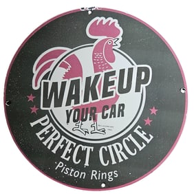 Vintage Porcelain Sign: Wake Up Your Car - Perfect Circle Piston Rings Decor