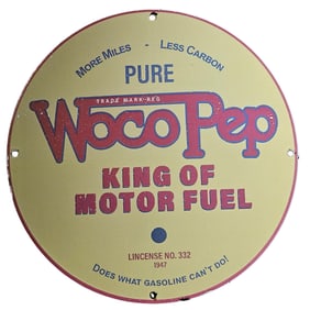 Rare Vintage Woco Pep Porcelain Sign - King of Motor Fuel - 1947 Collectible