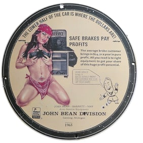 Vintage 1965 John Bean Division Porcelain Sign - Safe Brakes Pay Profits - Auto Service