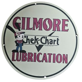 Vintage Gilmore Chek-Chart Lubrication Porcelain Sign - Classic Automotive Memorabilia
